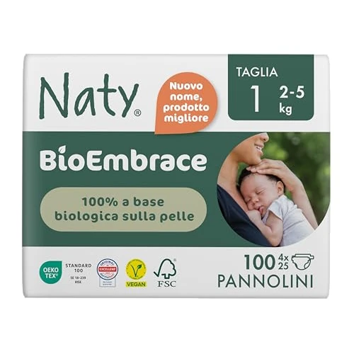 Offerta a tempo: Naty BioEmbrace Pannolini Neonato Taglia 1 (2–5 kg) | 100% a base vegetale sulla Pelle | Morbidezza vegetale, Dermatologicamente Testati, Super Assorbenti | 100 Pezzi - 20% da 29.65 € a 23.66 €