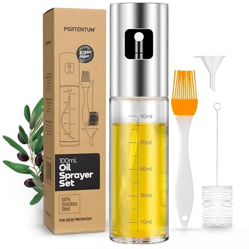 Offre limitée : PORTENTUM Pulvérisateur d’Huile 100 ml en Inox, Huile Spray Cuisine et Friteuse à Air, Huilier en Verre avec Accessoires Antigoutte de 7.99 EUR à 7.99 EUR (remise 0%)