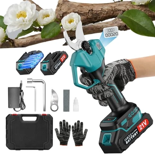 Battery Loppers with LCD Display, Battery Secateurs with Brushless Motor, Electric Secateurs 25-45 mm Cutting Diameter, Battery Garden Scissors with 2 Batteries 2000 mAh, Battery Pruning Shears Garden