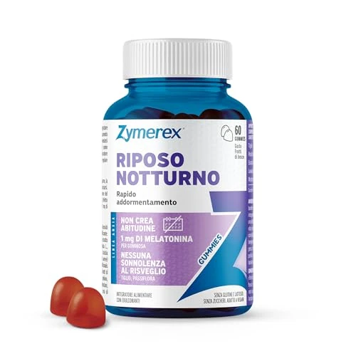 Zymerex RIPOSO NOTTURNO Gummies | 60 gommose | Rapido addormentamento | 1mg di Melatonina | Buon sonno | Jet leg | Integratore per dormire | Senza zuccheri, glutine e lattosio | Adatto a vegani