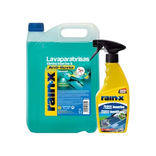 Offerta a tempo: Rain-X Liquido Lavavetri Auto e Spray Rimuovi Moscerini Auto, Elimina i Resti di Insetti e Escrementi di Uccelli e Protegge dalla Pioggia, 5 L Acqua Tergicristalli Auto e 500 ml di Insect Remover - 13% da 16.95 € a 14.74 €