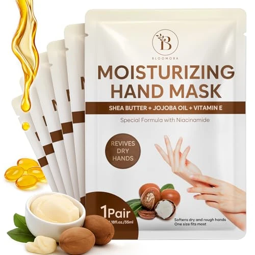 Herstellende handmaskerhandschoenen voor droge, gebarsten handen, handmaskers met sheaboter, jojoba-olie en vitamine E, hydraterende handschoenen huidverzorgingscadeaus voor vrouwen en mannen (6 paar)