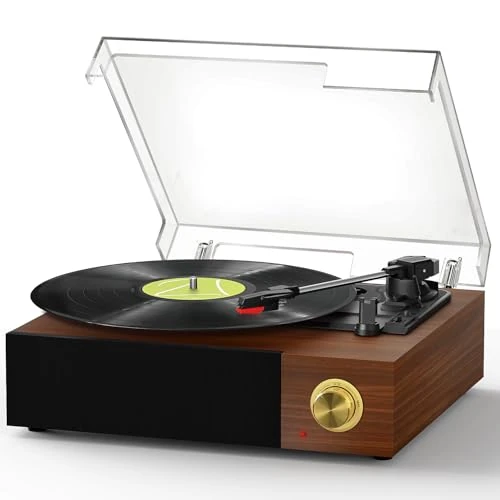 FYDEE Turntable with Bluetooth Reception, 3 Speed Switching (33/45/78 RPM), Built-in Stereo Speakers, RCA Output and Transparent Dust Cover - Teak Wood
