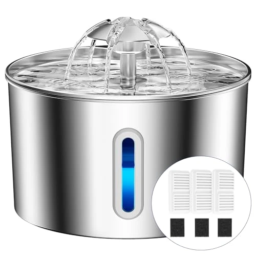 BalimoPet Cat Drinking Fountain Stainless Steel, 2.2L Super Quiet Drinking Fountain for Cats, Easy to Clean Water Fountain for Cats with Quadruple Filter System LED Light 3 Activated Carbon Filters