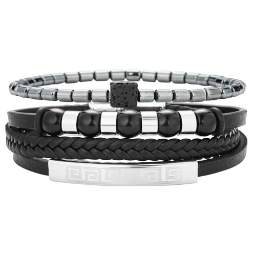 Dazylleco Juego de pulsera para hombre de piel negra, pulsera con cuentas multicapa con cierre magnético, joyas para hombre, regalo día del padre, Cuero Piedra, No Gemstone