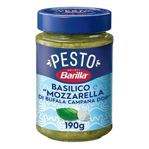 Barilla Pesto de albahaca y "Buffalo Mozzarella Campana DOP", sin gluten, consistencia aterciopelada y sabor delicado, salsa lista para pasta, 190 g