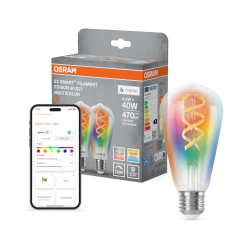 Offre limitée : Osram SMART+ Lampe Edison filament RGB (lot de 2, E27, 5W) – lumière réglable 2700–6500K – 16M couleurs – Matter via Wi-Fi – Alexa, Google, Apple de 46.16 € à 37.99 € (18% de remise)