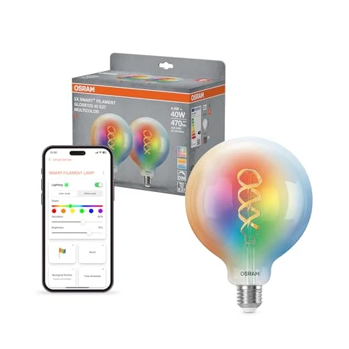 Offerta a tempo: OSRAM SMART+ Globe a filamento RGB (confezione da 2, E27, 5W) – RGB + bianco caldo/freddo – compatibile con Matter via Wi-Fi – Alexa, Google, Apple - 0.00% da 48.98 € a 48.98 €