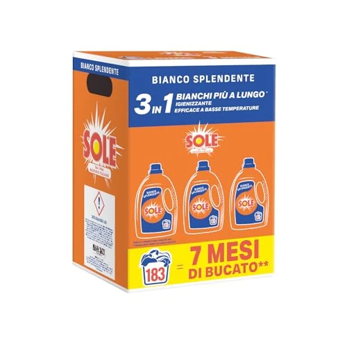 Offerta a tempo: Sole Detersivo Lavatrice Bianco splendente 183 Lavaggi, Formula igienizzante, Detersivo Lavatrice Liquido Bianco Splendente, rimuove le macchie a basse temperature - 0% da 29.84 € a 29.84 €