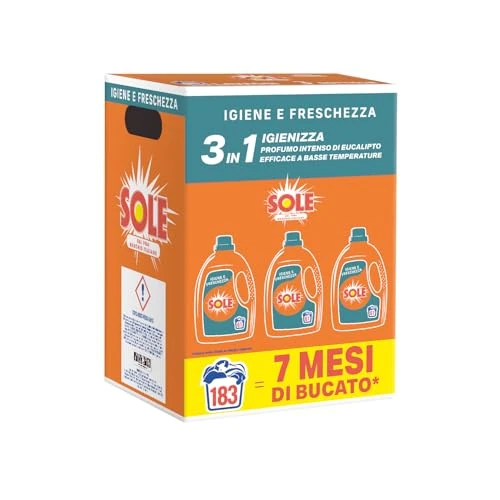 Offerta a tempo: Sole Detersivo Lavatrice Igiene e Freschezza 183 Lavaggi, Formula igienizzante, Detersivo Lavatrice Liquido Igiene e Freschezza, rimuove le macchie a basse temperature - 50% da 29.99 € a 14.99 €