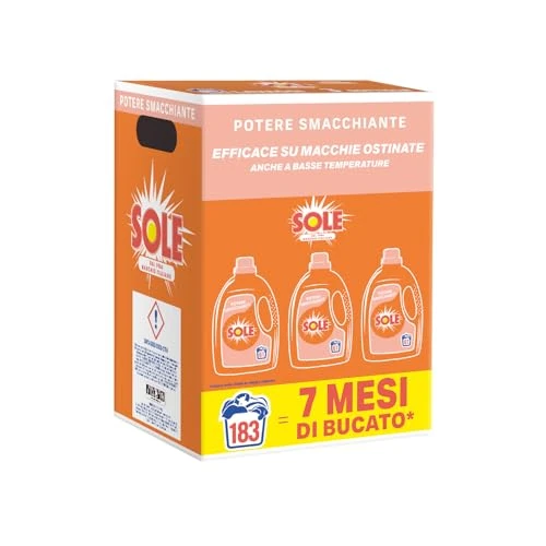 Offerta a tempo: Sole Detersivo Lavatrice Potere Smacchiante 183 Lavaggi, Formula igienizzante, Detersivo Lavatrice Liquido Potere Smacchiante, rimuove le macchie a basse temperature — 49% da 29,59 € a 14,99 €