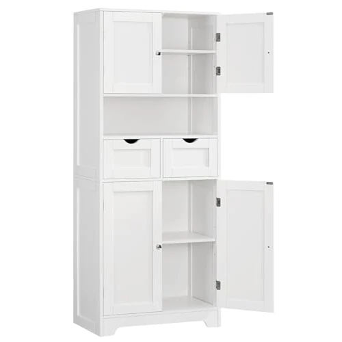 TEENFON 150cm wysoka szafa łazienkowa z 4 drzwiami, 2 szufladami i 2 półkami z regulacją wysokości - szafa do przechowywania na korytarz, salon, wejście - biały
