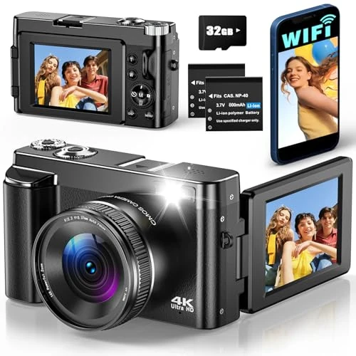 Offre limitee: Appareil Photo Numérique WiFi 4K 64MP Appareil Photo Compact pour Vlog avec Écran Rotatif 180°, Zoom 16X, Autofocus, Anti-Tremblement, Carte 32 Go, 2 Batteries de 109.99 EUR a 83.59 EUR (economie 24%)