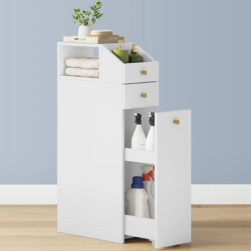 Limited-time offer: Hzuaneri Slim Bathroom Floor Cabinet, Narrow Bathroom Storage Unit with Drawer & Slide Out Shelving and Wheels, Compact Bathroom Cabinet Organizer for Small Spaces, White, BC22003X from 31.34 £ to 29.77 £ (save 5%)