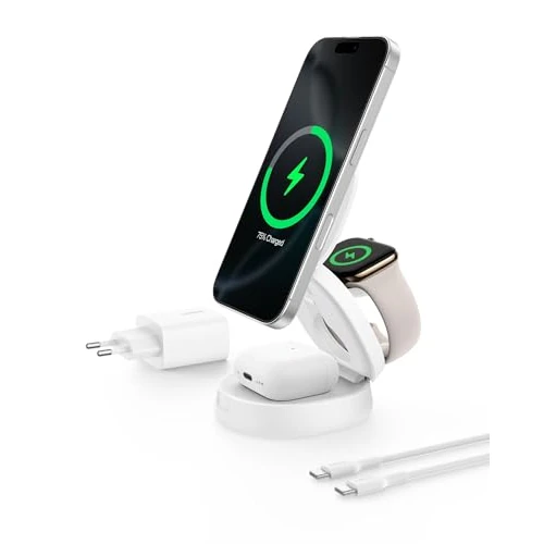 Belkin BoostCharge Station de Charge 3-en-1 Pliable, Chargeur Induction Compatible MagSafe, certifié Qi2, 15 W, pour iPhone 17, Air, Apple Watch, AirPods, Pixelsnap, Adaptateur 36W Inclus - Blanc