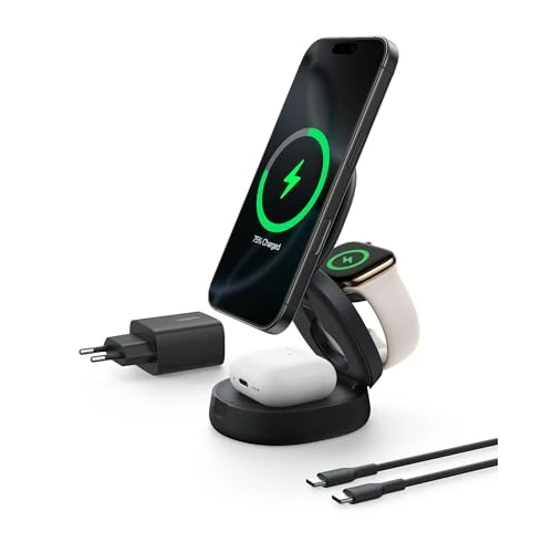 Belkin BoostCharge Cargador Inalámbrico Compatible con MagSafe, Estación de Carga Inalámbrica 3 en 1 de 15W, Certificación Qi2, iPhone 17, Air, Pixelsnap, Apple Watch y AirPods, Adaptador 36W - Negro