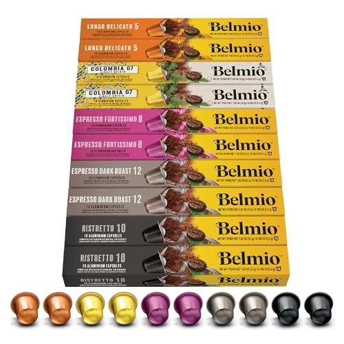 Belmio Coffee Capsules Nespresso Compatible, Intensity Mix Pack, Strongly Roasted Coffee Capsules, Intensity 5 to 12, Authentic Belgian Quality, 5 Flavour Variations, 100 Capsules