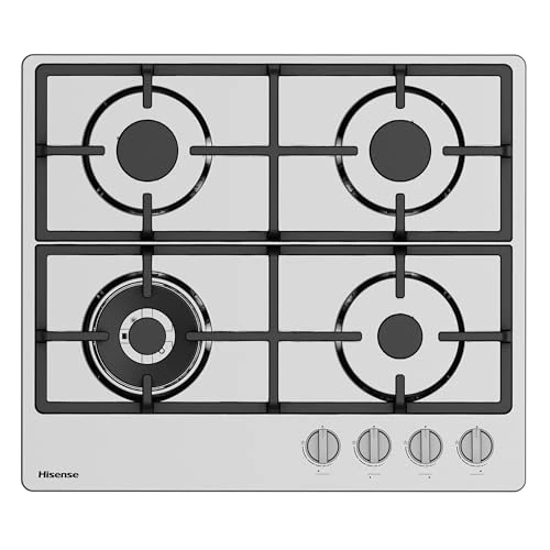 Hisense GM663XHFSI Gas Hob, 4 Cooking Areas, Width 60 cm, Double Crown Wok Burner and Cast Iron Grills, Integrated Ignition, Anti-fingerprint Stainless Steel, 60 x 52 x 9 cm