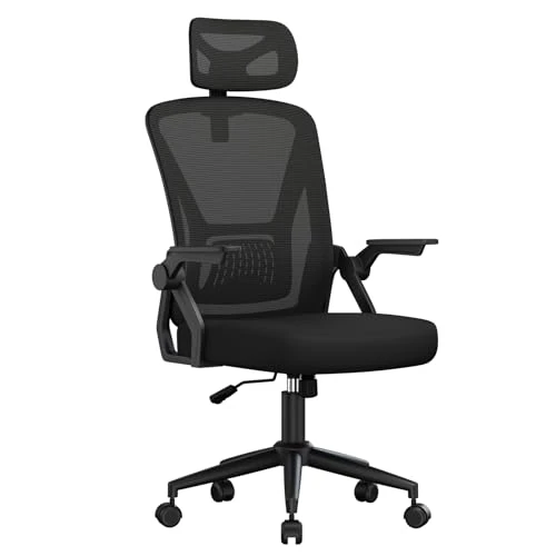 Offerta a tempo: naspaluro Sedia da Ufficio,Con Braccioli Ribaltabili a 90°,Rivestimento in Rete Traspirante, Sedia Girevole a 360° Con Funzione Swing (Con poggiatesta, Nero) - 28% da 91.99 € a 65.99 €