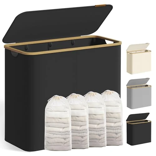 SONGMICS Wäschekorb mit Deckel, Wäschesammler mit 4 Fächern, 200 L, herausnehmbarer Wäschesack, Oxford-Gewebe, Griffe aus Bambus, zusammenklappbar, 78 x 38,5 x 70,5 cm, tintenschwarz LCB514BH01