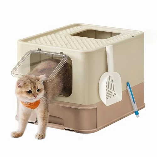 Feandrea PPT001LJ02 Verborgen kattenbak met capuchon, uitschuifbare lade, schep, borstel, ruim voor grote katten, belastbaar tot 15 kg, anti-tracking, anti-lekken, zandbeige en kameelbruin