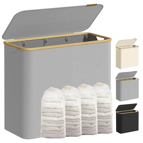 Offerta a tempo: SONGMICS Cesto Portabiancheria con Coperchio a 4 Scomparti, Cesta per Bucato, 200 L, Sacco Rimovibile, Tessuto Oxford, Manici di Bambù, Pieghevole, 78 x 38,5 x 70,5 cm, Grigio Tortora LCB514GD01 - 24% da 37.99 € a 28.87 €