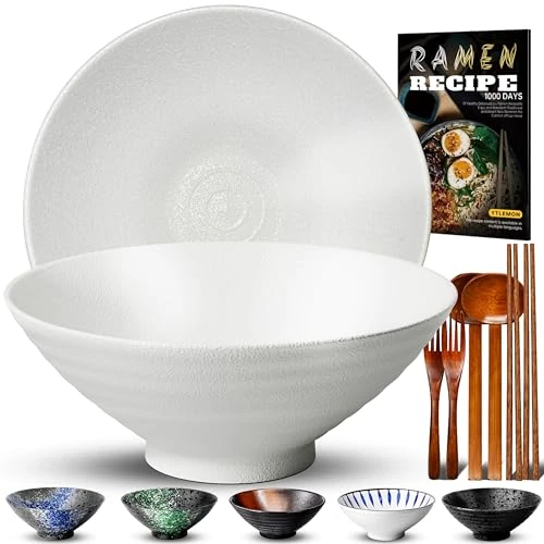 Beperkte aanbieding: 8 Inch Ramen Bowl Keramiek Set 2 (9 STUKS), 34oz Japans Porselein Servies Met Vork Eetstokjes Lepel En Recepten Soepkommen Mengkommen Voor Noedels Granen Salades Cadeaus Voor Nieuwe Huizen van 39.99 EUR naar 23.97 EUR (besparing 40%)