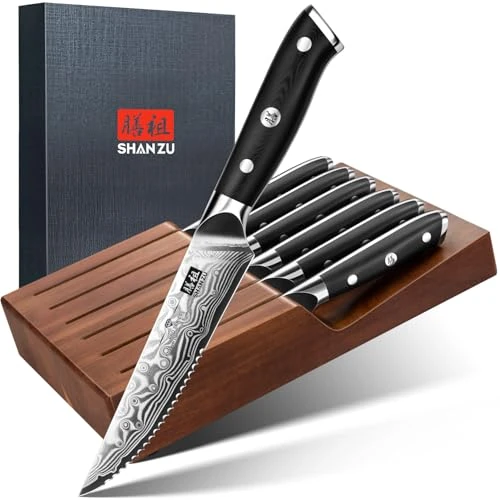 Limited offer: SHAN ZU Steak Knife Set of 7pcs, 11cm Damascus Steak Knife Set with Block, Japanese High Carbon Steel Kitchen Serrated Knives Set with Ergonomic G10 Handle and Gift Box - PRO Series from 161.39 EUR to 161.39 EUR (save 0%)