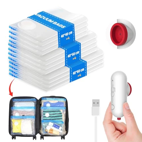 Offerta a tempo: Vacbird Sacchi Sottovuoto Vestiti con Pompa Elettrica Usb, 12 Pezzi di Buste Sottovuoto (4x 40 * 40cm / 4x 40 * 50cm / 4x 40 * 60cm) Sacchetti Sottovuoto Vestiti Viaggio, Riutilizzabili, Salvaspazio - 40% da 36.99 € a 22.10 €