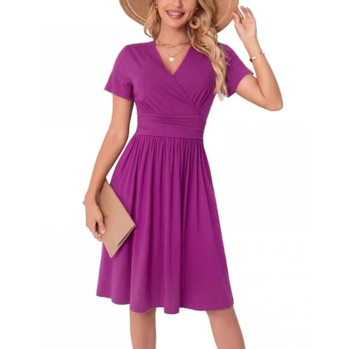Offerta a tempo: WUWUSKY 2026 Nuove Vestito Donna Sexy Scollo a V Midi Abiti Linea A Elegante Manica Corte con Tasche, 01 Uve Viola, L - 52% da 30.99 € a 14.99 €