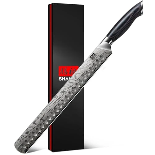 SHAN ZU 12" Trancherenmes van poederstaal, Japans borstmes voor het snijden van vlees, kalkoen en BBQ, 12° scherp, langer lemmet, keukenmes met ergonomisch pakkahouten handvat