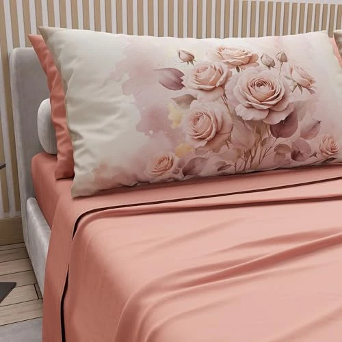 Oferta limitowana: PETTI Artigiani Italiani - Pościel z bawełny z poszewkami na poduszki z nadrukiem cyfrowym, prześcieradło na łóżko francuskie na łóżko podwójne i francuskie, wzór kwiatowy, różowy, w 100% z 230.21 zł na 230.21 zł (oszczędź 0.00%)