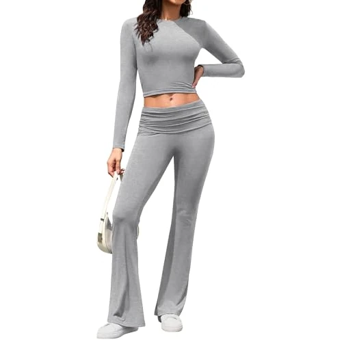 Yuson Girl Trainingspak voor dames, 2-delig, sportset, lange mouwen, top en elastische taille, broek, lente, herfst, casual, yoga-sets, fitness, joggen, Lichtgrijs, M