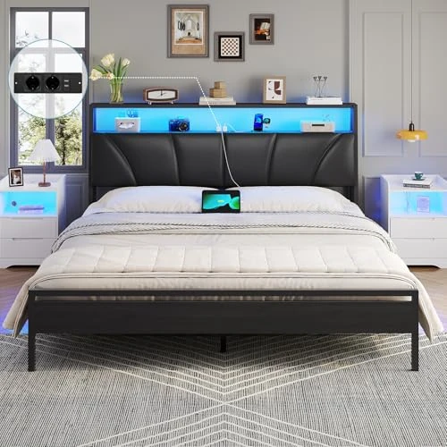 Offerta a tempo: Brinlawb Letto Imbottito 160x200 cm, Struttura letto con Luce LED e Stazione di Ricarica (2 Prese CA 2 Porte USB) Letto Matrimoniale con testiera e pediera, Facile da montare, Moderno, Nero - 10% da 144.99 € a 129.99 €