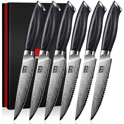 SHAN ZU Set di 6 coltelli da bistecca, set di coltelli da cucina ad alto tenore di carbonio, 63 HRC, coltello da bistecca professionale con angolo di affilatura di 12° e manico ergonomico
