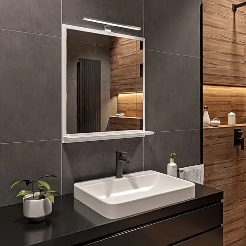 HAJDUK FURNITURE Espejo de baño blanco con iluminación 60 x 70 cm espejo de baño espejo de pared con estante LED espejo blanco neutro 4000 K espejo de baño espejo de luz color de la carcasa de la