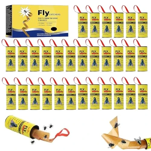 Vliegenvanger, vliegenval, plakstrip, vliegenvanger, lijmrol, vliegenband, rol, insectenvanger, plakstrip, voor binnen en buiten, 30 stuks