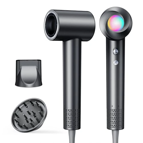 Ionen Föhn mit Diffusor - Haartrockner Schnelles Trocknend 150.000 U/min, Fön mit 500 Mio. Negative Ionen, 8 Temperatur-Stufen mit LED, für Locken/Dicke Haare, Reisen, Zuhause, Salon, Schwarz