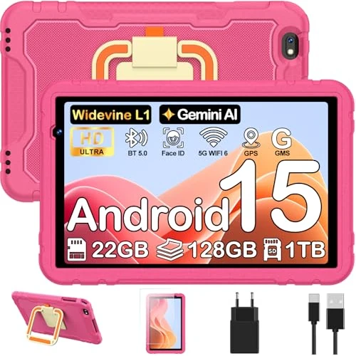 Tablet dziecięcy z systemem Android 15, 10-calowy tablet, 22 GB RAM+128 GB ROM, kontrola rodzicielska, 8000 mAh, ośmiordzeniowy, 5MP + 8MP z 5G Wifi6, odporna na wstrząsy obudowa ochronna EVA + uchwyt