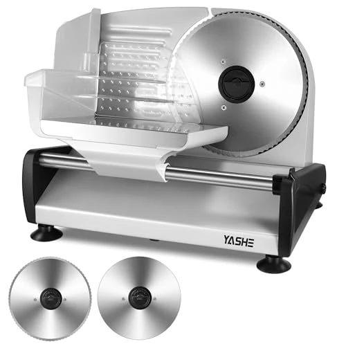 YASHE Electric Food Slicer – 250W Meat and Bread Slicer with 19cm Serrated & Smooth Blades, Adjustable Thickness (0–15mm), Safety Lock, Non-Slip Suction Feet, Easy to Clean