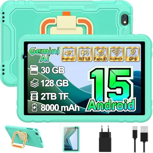 Android 15 Tablet bambini, 10 pollici Tablet, 22GB RAM+128GB ROM, Controllo Parentale, 8000 mAh, Octa-Core, 5MP+8MP con 5G Wiffi6, Custodia protettiva EVA antiurto + Staffa girevole a 360°(Verde)