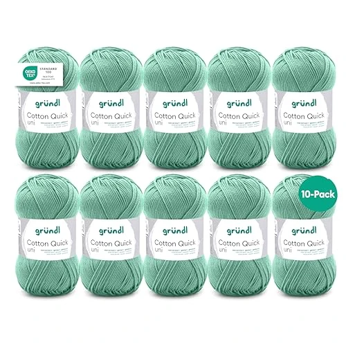 Gründl Wolle Cotton Quick uni - dünne Wolle zum Häkeln - Strickgarn - Häkelgarn - Glänzend und hautfreundlich - 100% Baumwolle - 10 Knäuel 50 g / 125 m - Nadelstärke 3-4 - apfelgrün