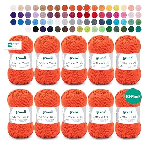 Gründl Wolle Cotton Quick uni - dünne Wolle zum Häkeln - Strickgarn - Häkelgarn - Glänzend und hautfreundlich - 100% Baumwolle - 10 Knäuel 50 g / 125 m - Nadelstärke 3-4 - signalrot