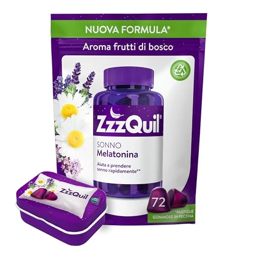 Offerta a tempo: ZzzQuil Sonno Formula Vegana Integratore per Dormire con Melatonina ed Estratti Di Valeriana, Camomilla e Vitamina B6, Addormentarsi Velocemente, 72 Pastiglie Gommose, Gusto Frutti di Bosco - 25% da 29.14 € a 21.90 €