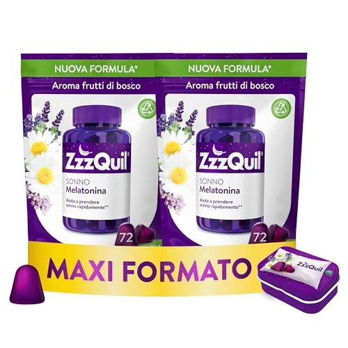 Offerta a tempo: ZzzQuil Sonno Formula Vegana Integratore per Dormire con Melatonina ed Estratti Di Valeriana, Camomilla e Vitamina B6, Addormentarsi Velocemente, 72x2 Gommose, Gusto Frutti di Bosco, Travel Case - 36% da 57.95 € a 36.99 €