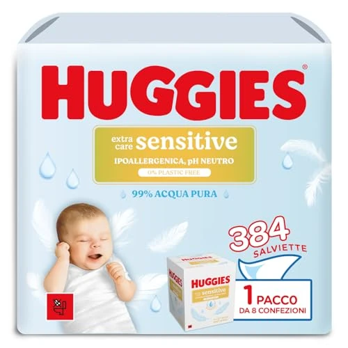Offerta a tempo: Huggies Extra Care Sensitive, Salviette neonato per pelli sensibili, 99% Acqua pura, 100% Plastic-free, Senza parabeni e alcool, 384 Pz (8 confezioni x 48 salviette) - 21% da 22.75 € a 17.99 €