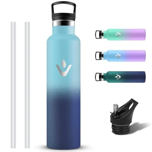 Grsta Gourde Isotherme 1l, Bouteille Isotherme sans BPA, Gourde Inox Avec 2 Bouchons, Bouteille d'eau avec Paille, Anti Fuite Gourd Sport, Gourd en Acier Inoxydable pour Bureau, Gym, Bureau