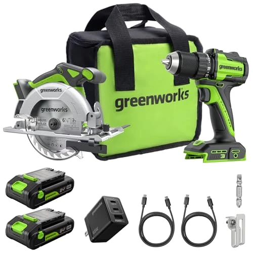 Greenworks 24V Bürstenloses Bohrschrauber- & Handkreissäge-Set (45 Nm, 4.800 U/min, 165 mm), inkl. 2× 2.0Ah USB-C Akkus (12.000 mAh) & 65W USB-C Schnellladegerät, CK322