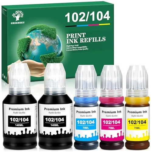 Offerta a tempo: GREENSKY 102 104 Inchiostro a Coloranti - Flaconi compatibili con Epson 102 e 104 Multipack per Epson EcoTank ET-2850, ET-2851, ET-2710, ET-2720, ET-2830, ET-2870, ET-3850, ET-4800, ET-4850 (5 Pack) - 0.00% da 19.99 € a 19.99 €