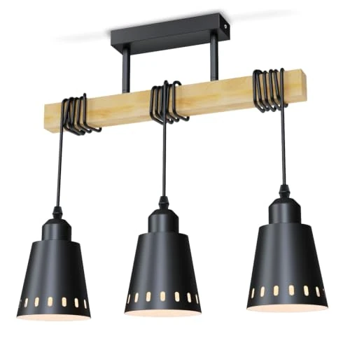 Tijdelijke aanbieding: LVWIT Industriële hanglamp, kroonluchter van hout E27, 3-lamps kroonluchter max. 25W, balken 42 cm voor woonkamer, keuken, slaapkamer, vintage in zwart metaal (zonder lamp) van 46.99 € naar 46.99 € (0.00% korting)